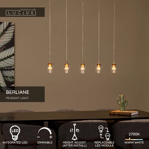 Lucide BERLIANE - Pendant light - LED Dim. - 5x4W 2700K - With replaceable LED module - Transparant | Essential - USP